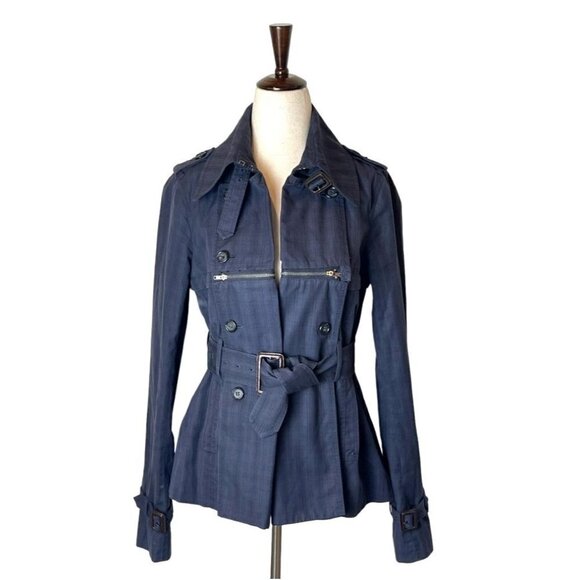 Elizabeth And James Navy Blue Plaid Collared Convertible Trench‎ Coat Size XS - Picture 1 of 11